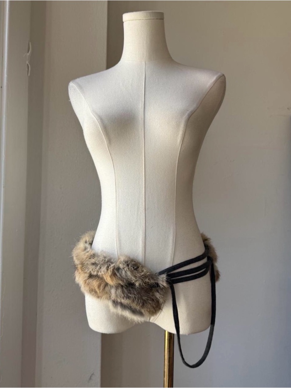 Vintage japanese genuine rabbit fur belt with rabric wraparound adjustable tie